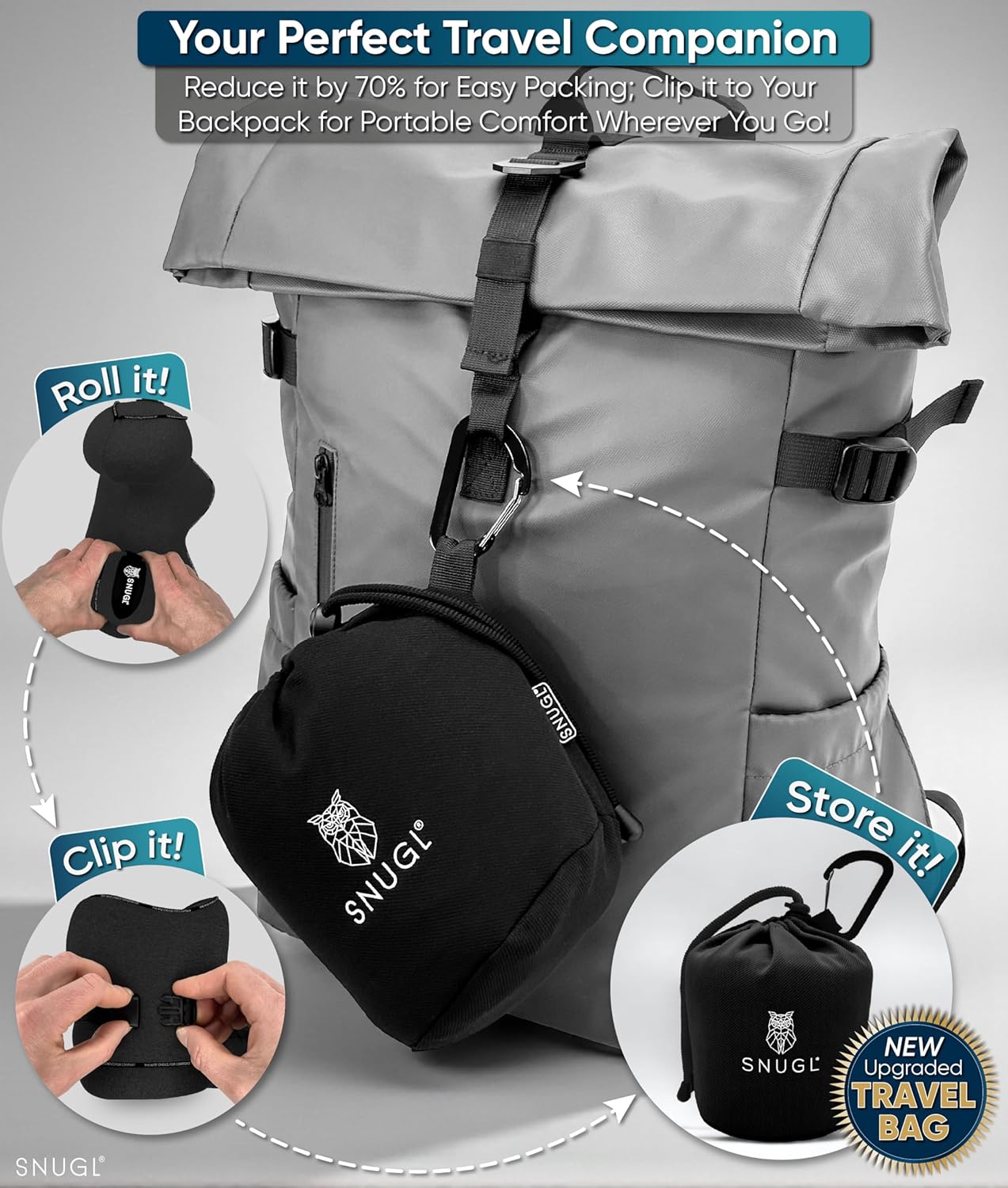 SNUGL Travel Neck Pillow Memory Foam Comfortable Compact Portable Black NEW