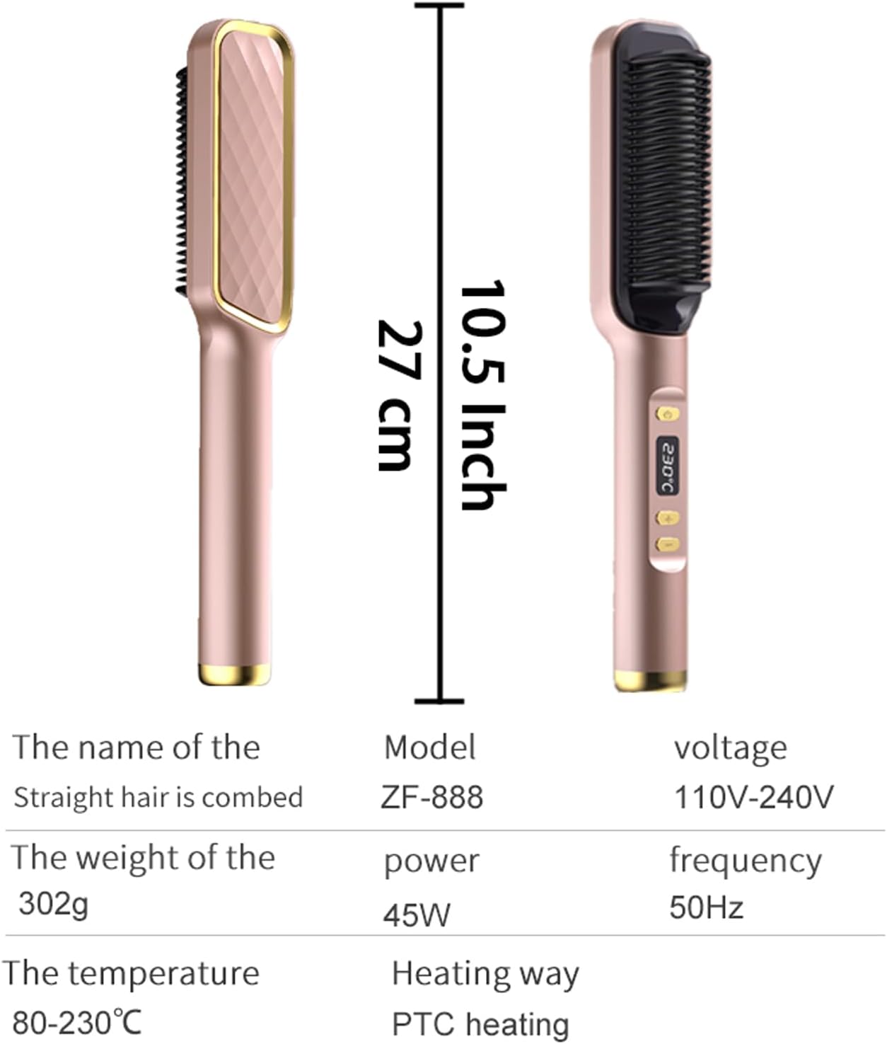 Hair Straightener Brush with Fast Heating Ceramic PTC Rose Gold One Size DEMO