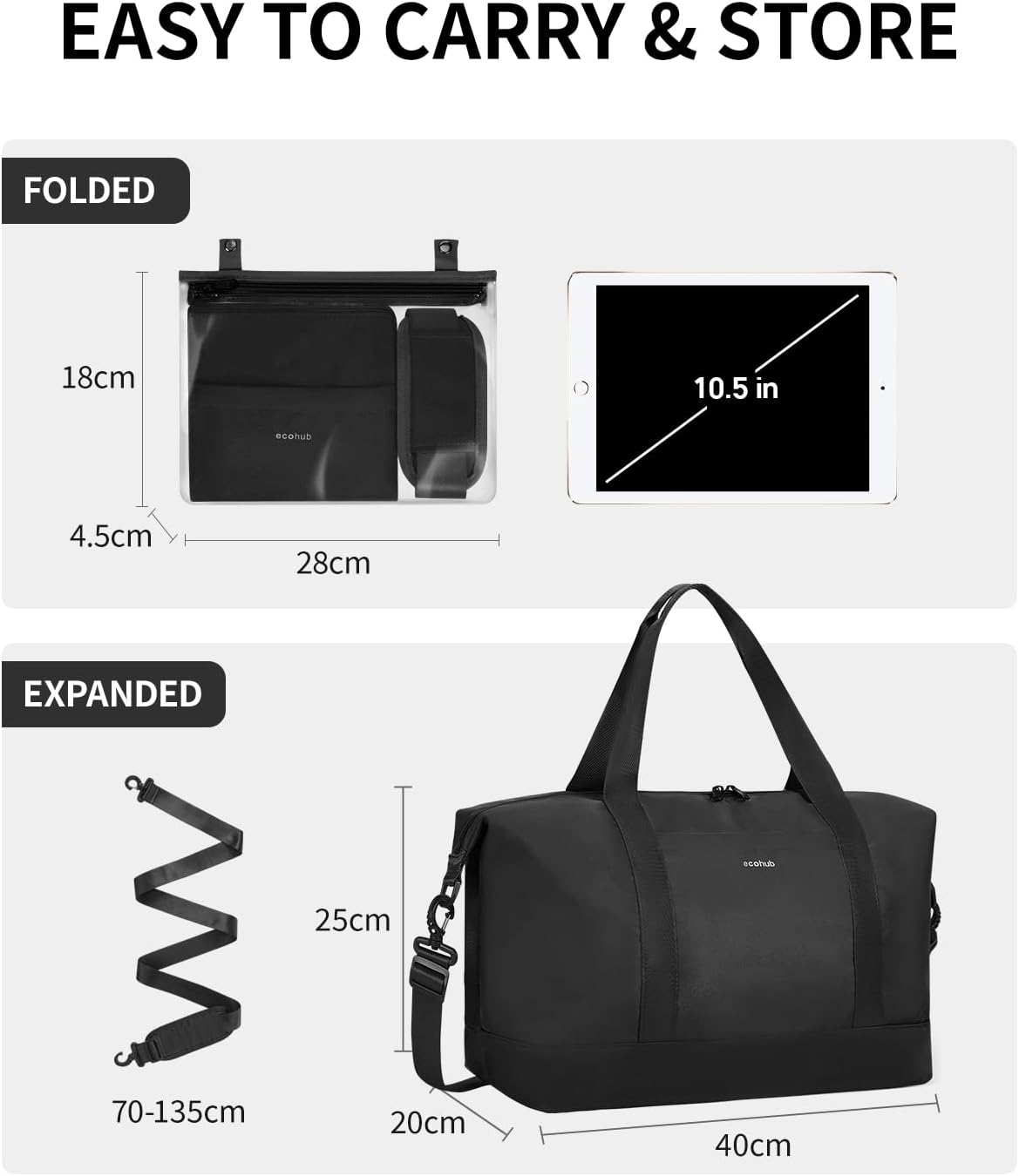 ECOHUB Foldable Travel Duffel Bag 20L Underseat Hand Luggage Black NEW
