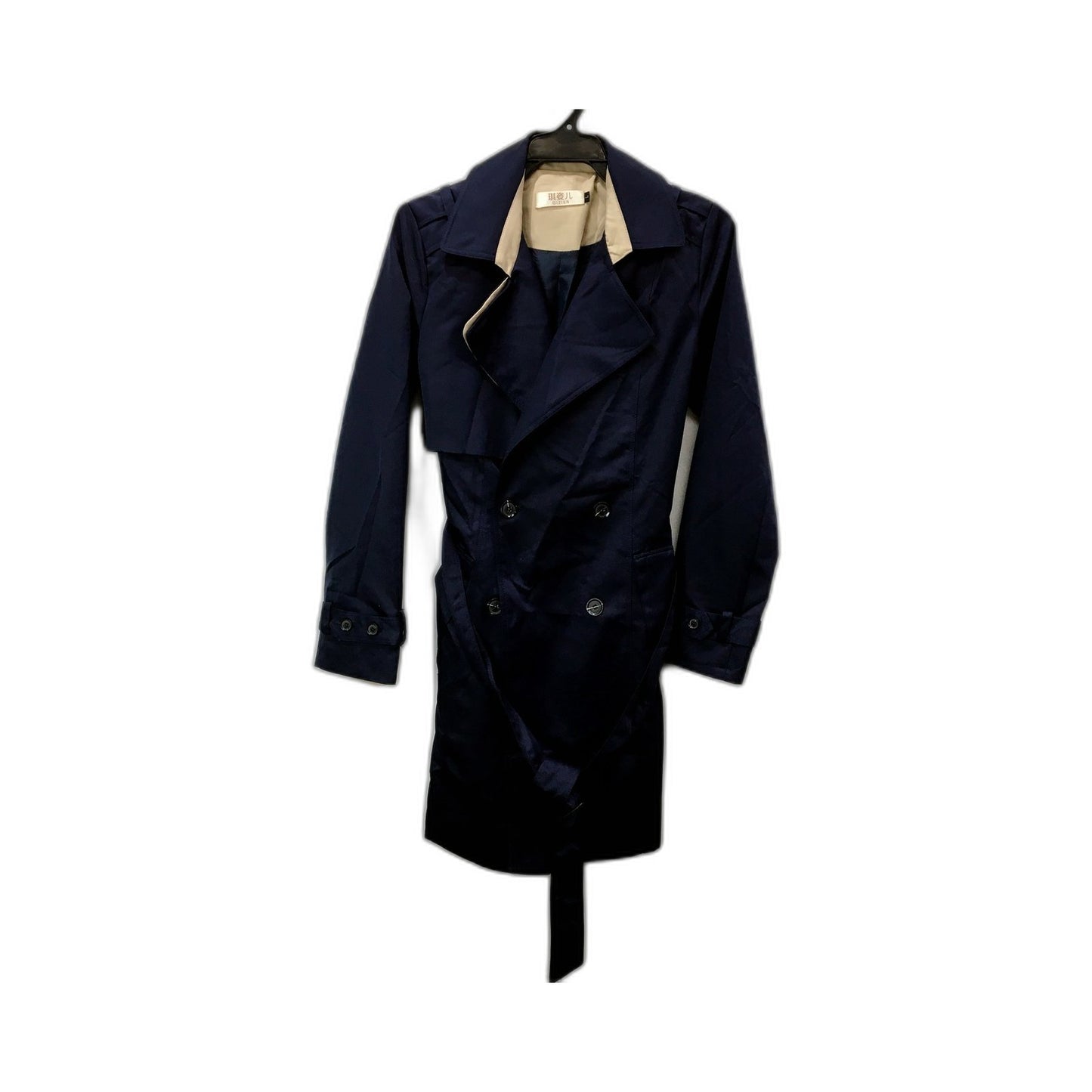 Qizier Womens Navy Blue Double Breasted Belted Trench Coat with Epaulets Size