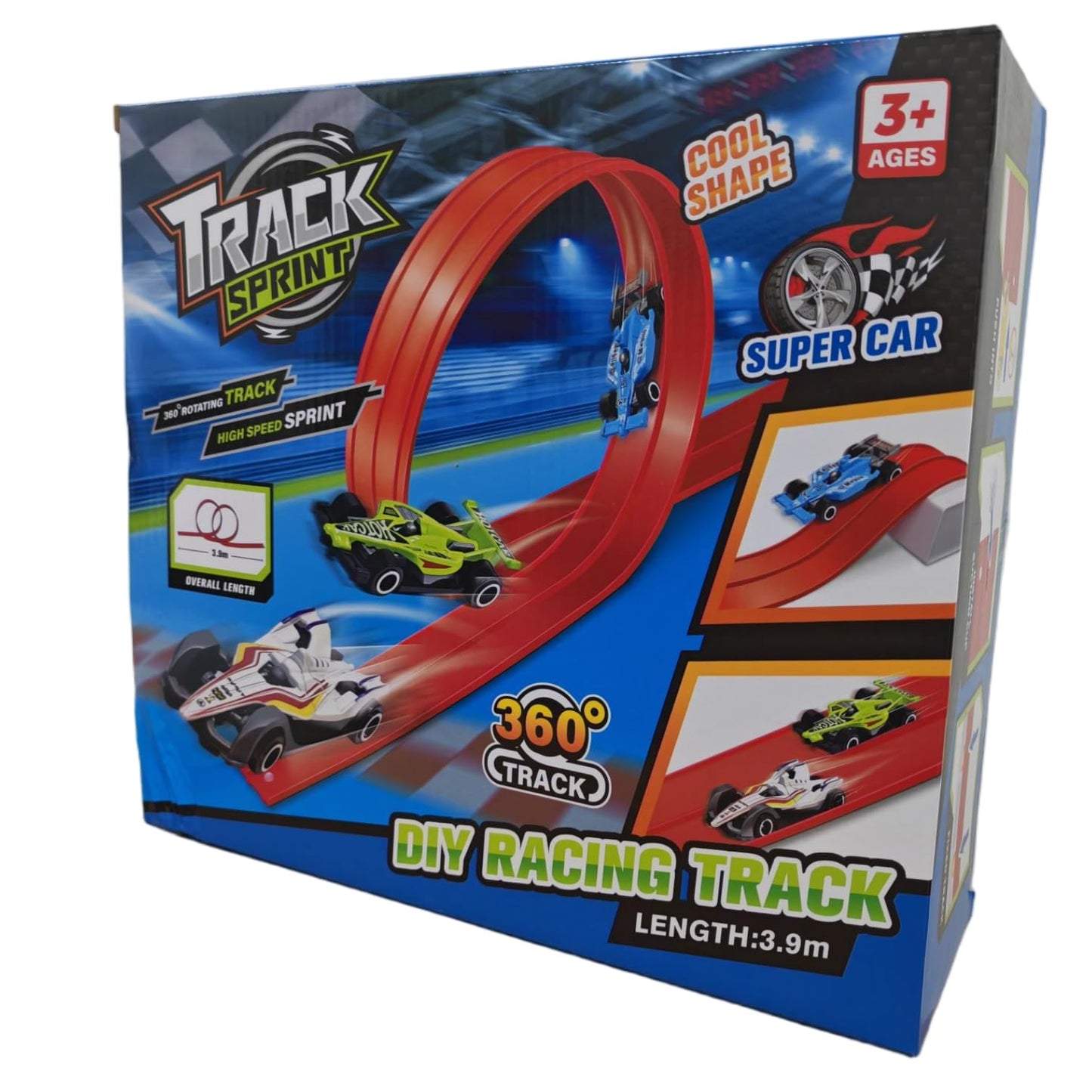 HOUSYLOVE 360° Rotating DIY Racing Track Starter Set, 3.9m Length, Vehicles DEMO