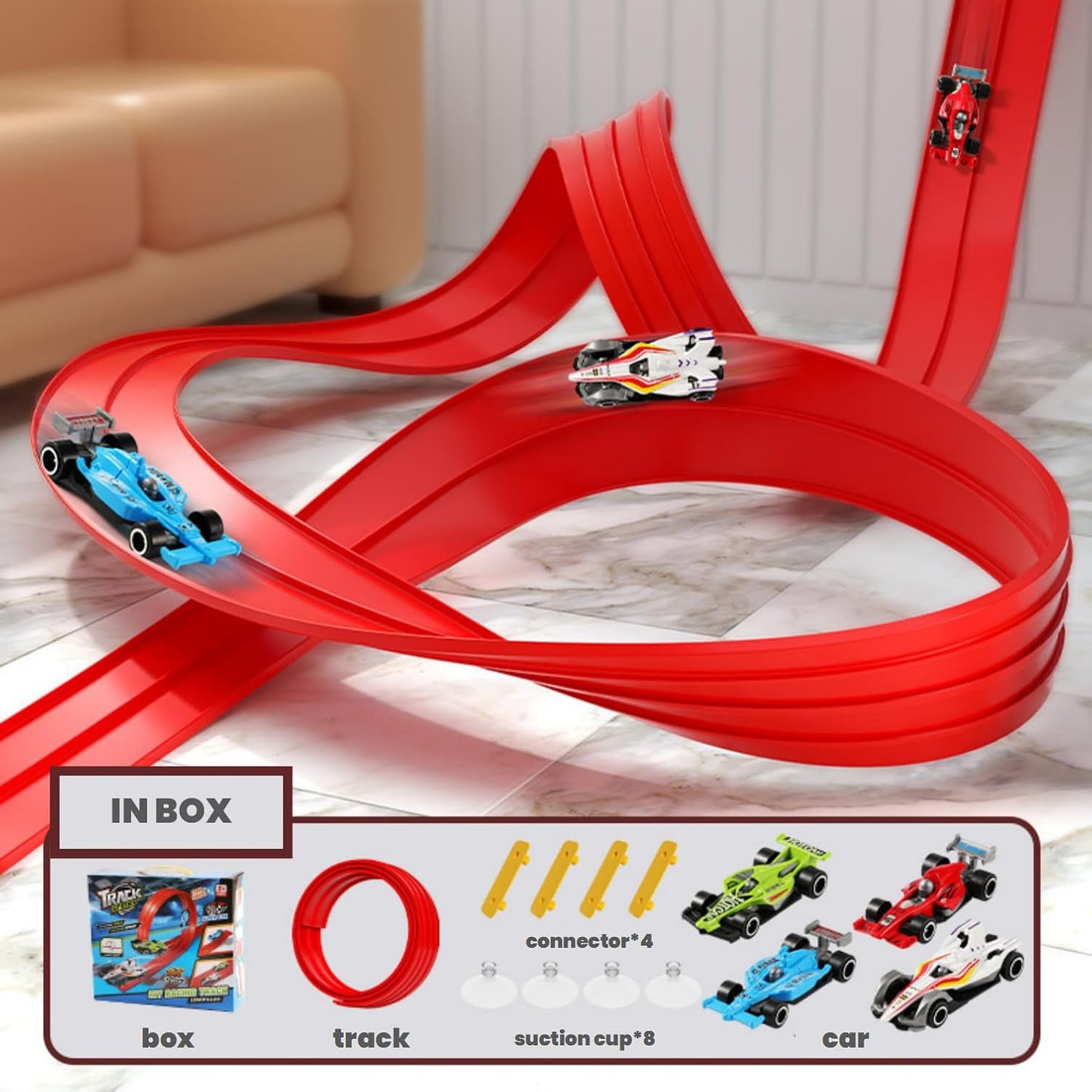 HOUSYLOVE 360° Rotating DIY Racing Track Starter Set, 3.9m Length, Vehicles DEMO