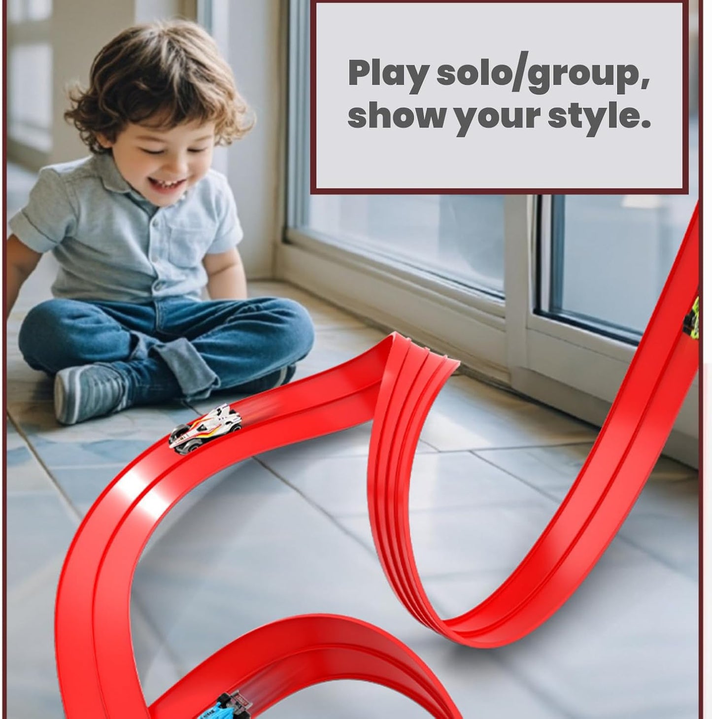 HOUSYLOVE 360° Rotating DIY Racing Track Starter Set, 3.9m Length, Vehicles DEMO