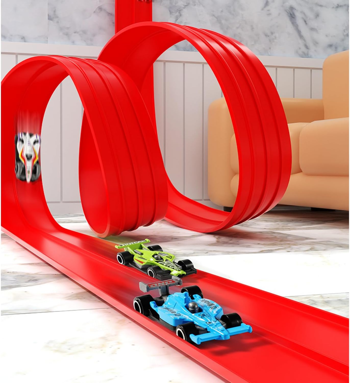 HOUSYLOVE 360° Rotating DIY Racing Track Starter Set, 3.9m Length, Vehicles DEMO