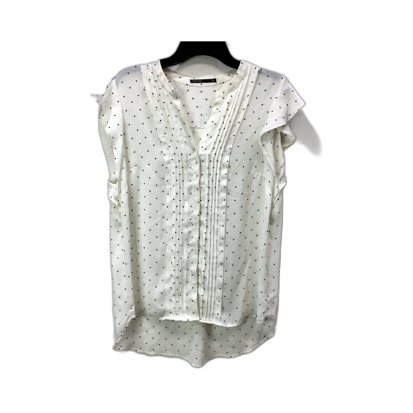 Tokito Womens Polka Dot Blouse Pleated Short Sleeve White, Black Dots Size 10