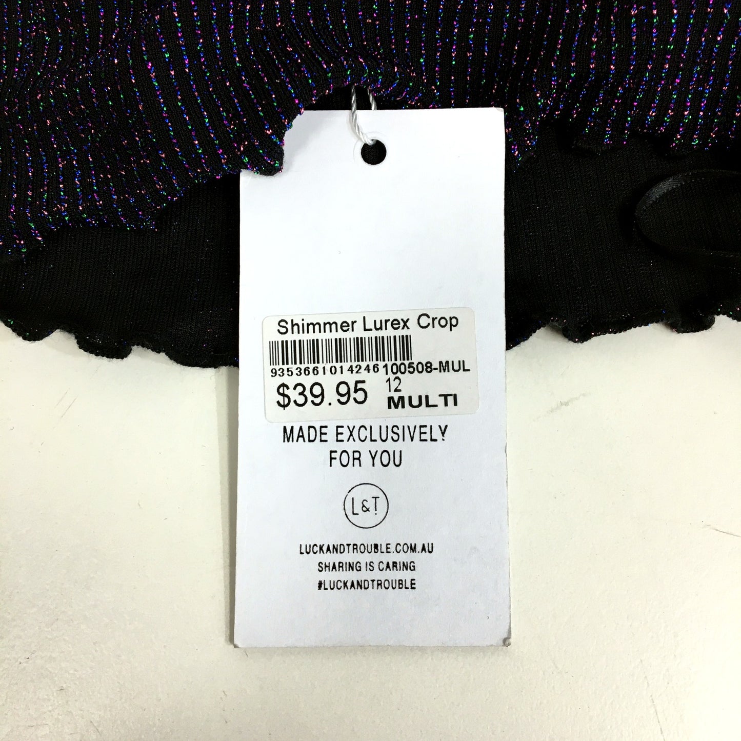 Luck & Trouble Womens Shimmer Lurex Crop Top Black with Multicolor Size 12 NEW