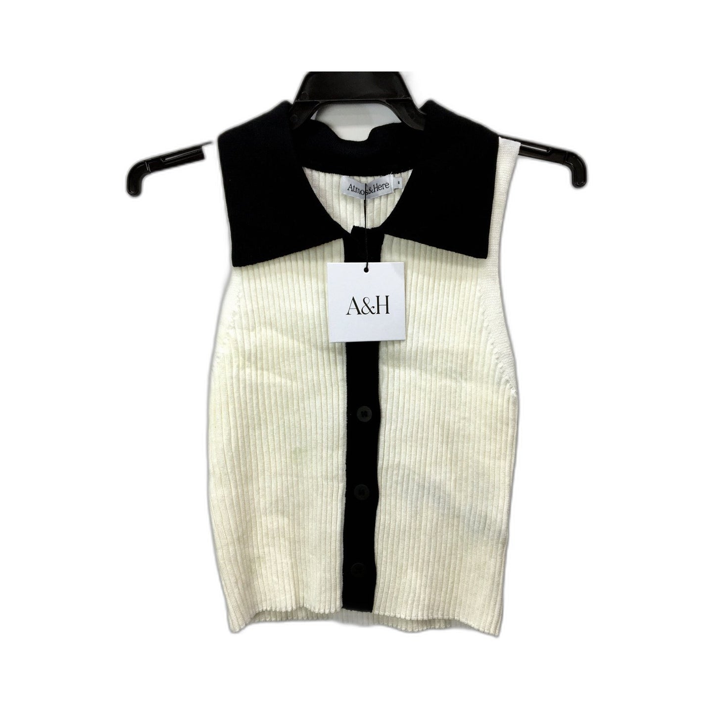Atmos&Here Womens Serena Knit Polo Top Ribbed Cream with Black Trim Size 8 NEW