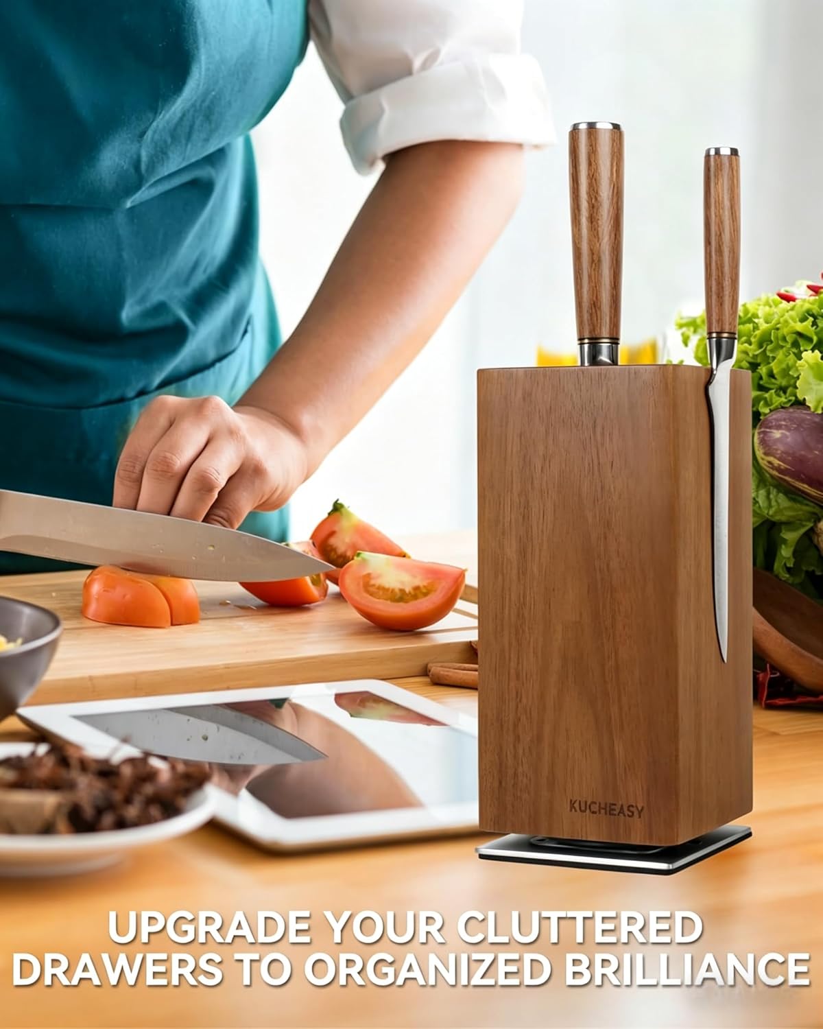 KUCHEASY 360° Rotating Wooden Knife Holder Universal Block Storage Brown NEW