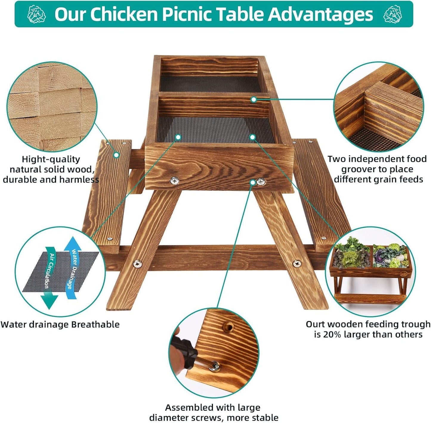 Cozioz Handmade Feeders Chicken Picnic Table Feeder Carbonized Solid Wood DEMO