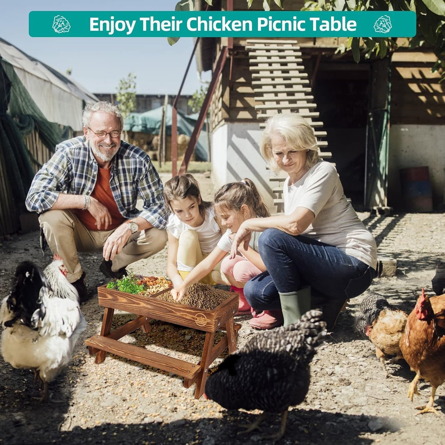 Cozioz Handmade Feeders Chicken Picnic Table Feeder Carbonized Solid Wood DEMO
