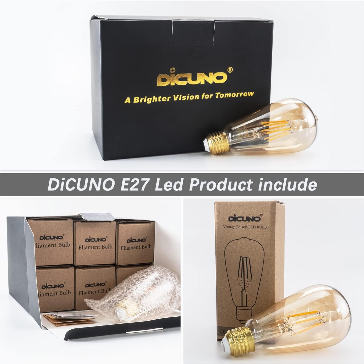 DiCUNO Vintage LED Bulbs Amber LED Edison Bulb, 6W Equivalent Retro Glass DEMO