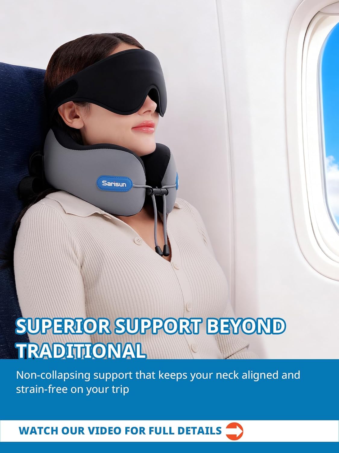 SARISUN Neck Support Travel Pillow with Strap Comfortable Memory Foam Grey