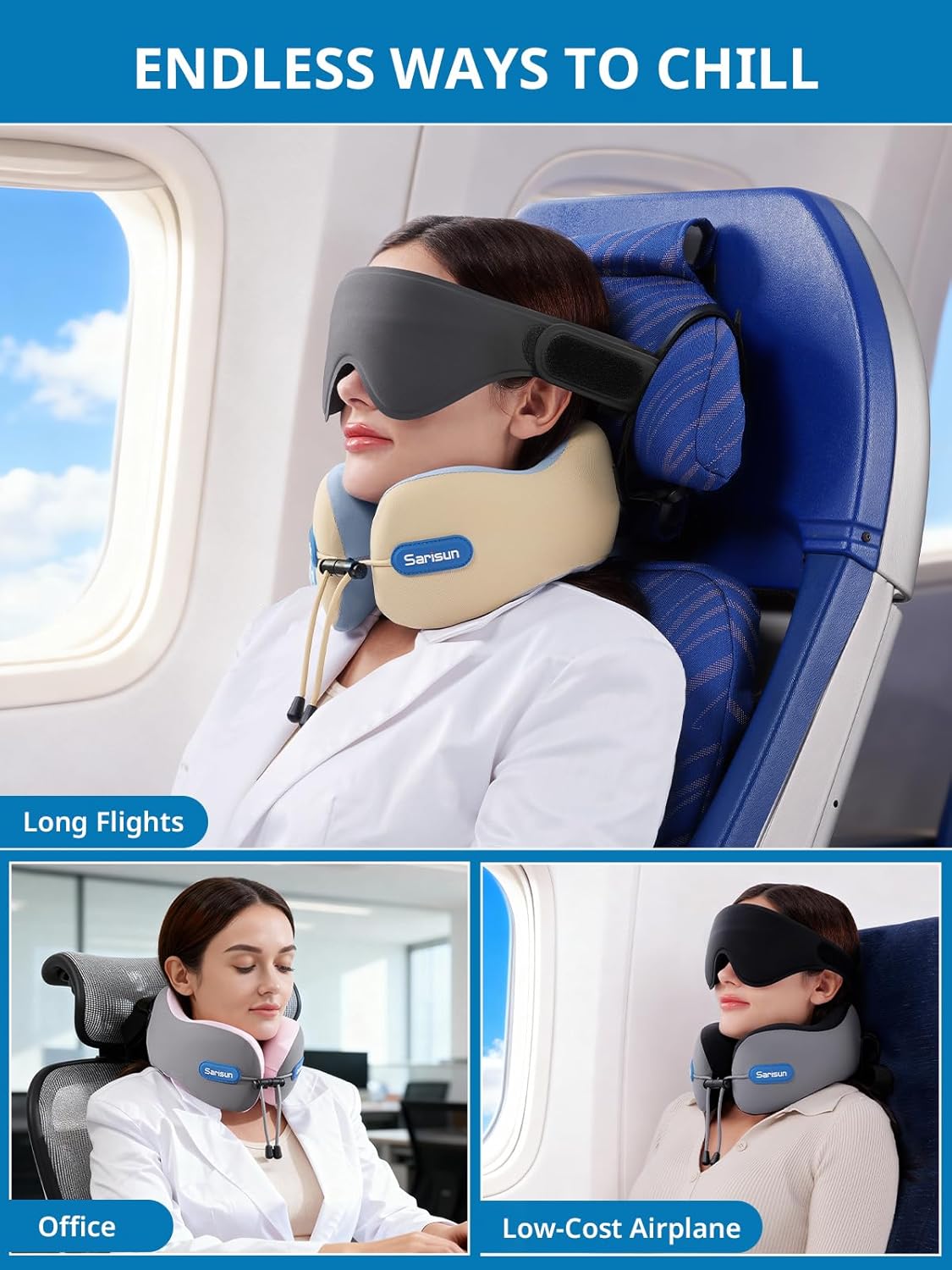 SARISUN Neck Support Travel Pillow with Strap Comfortable Memory Foam Grey