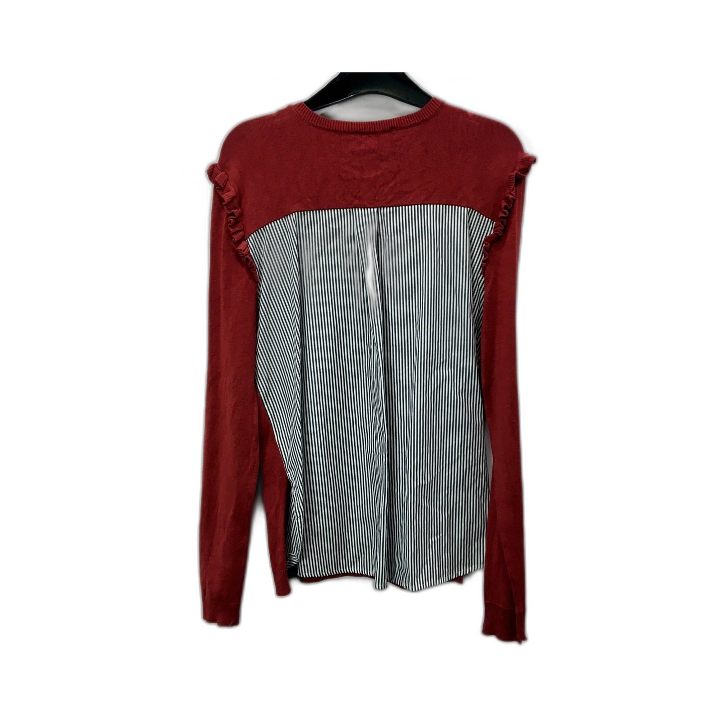 Tokito Womens Longsleeve Knit Shirt Burgundy Ruffle Shoulder Stripe Size 10