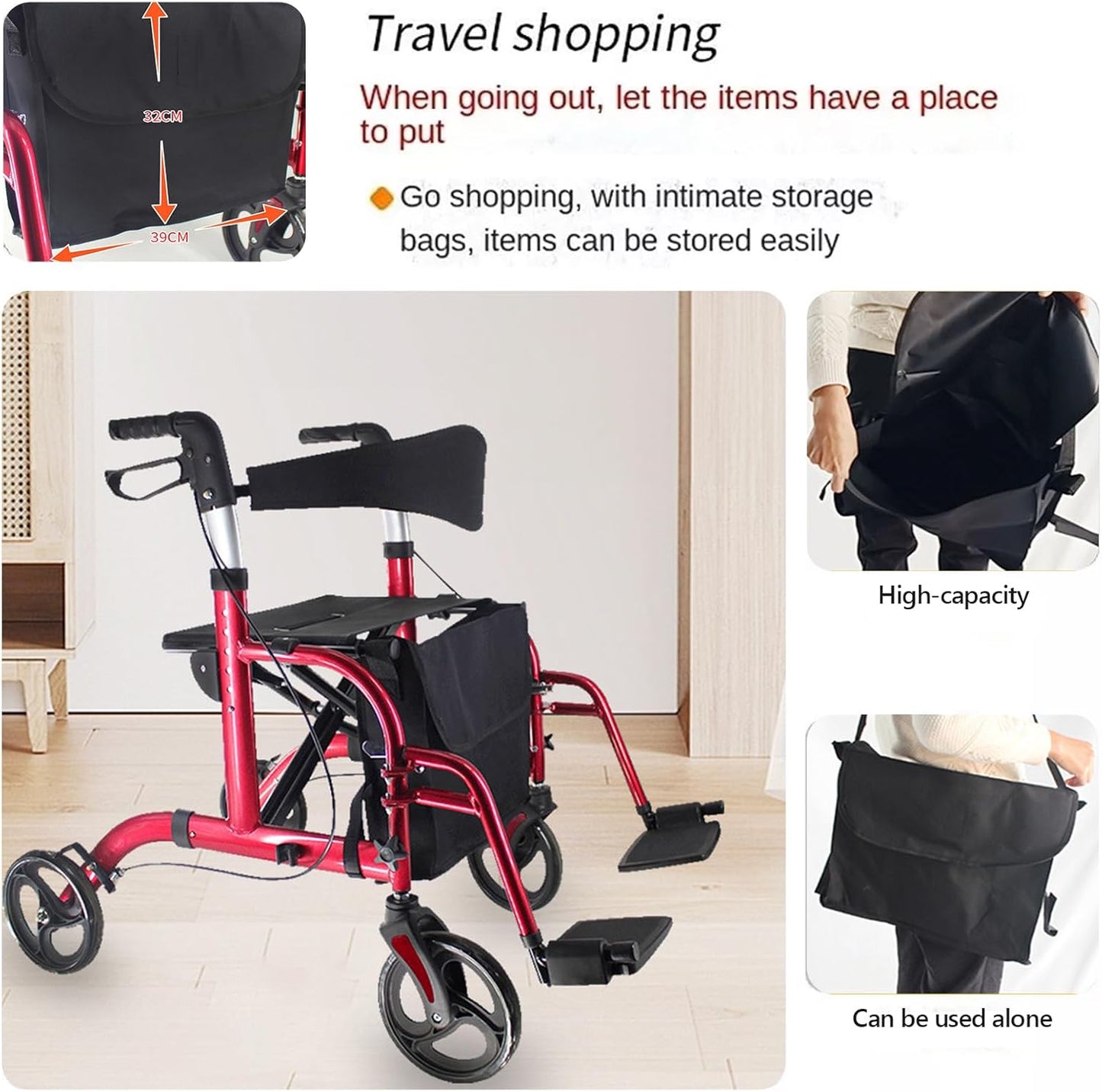 LUVAGD 2-in-1 Wheelchairs Foldable Rollator Wheelchair with Seat DEMO
