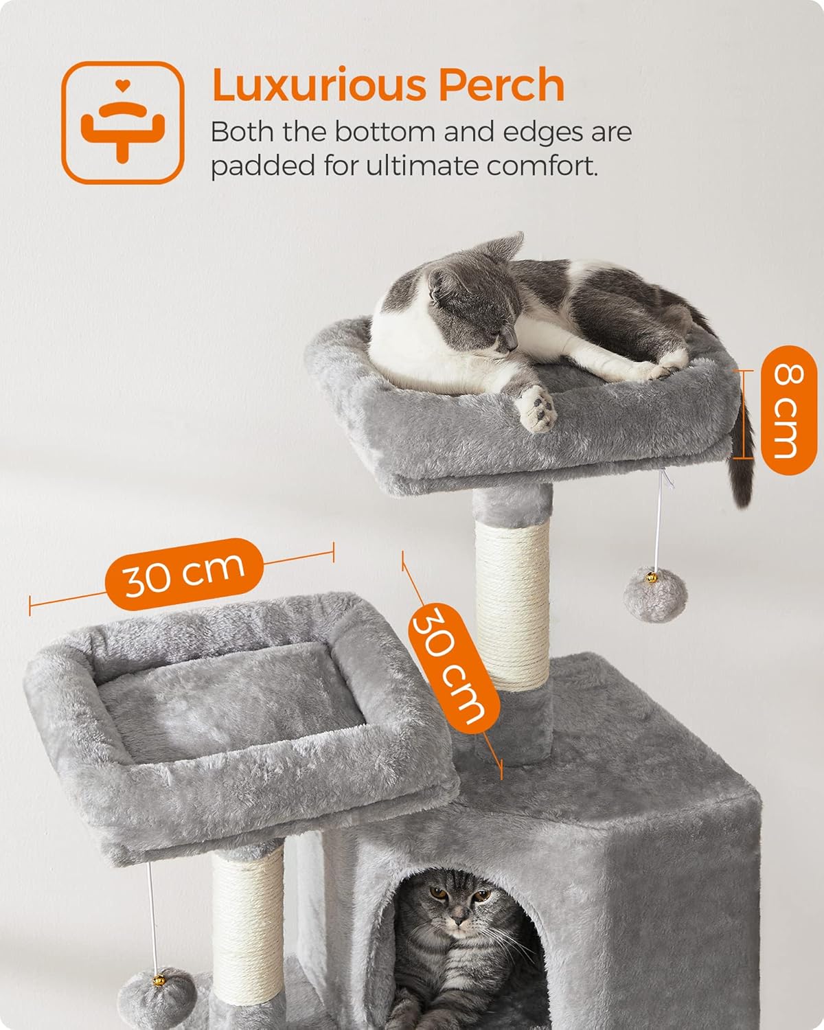 Feandrea Cat Tower Scratching Post Condo Plush Grey Play Towers & Trees NEW