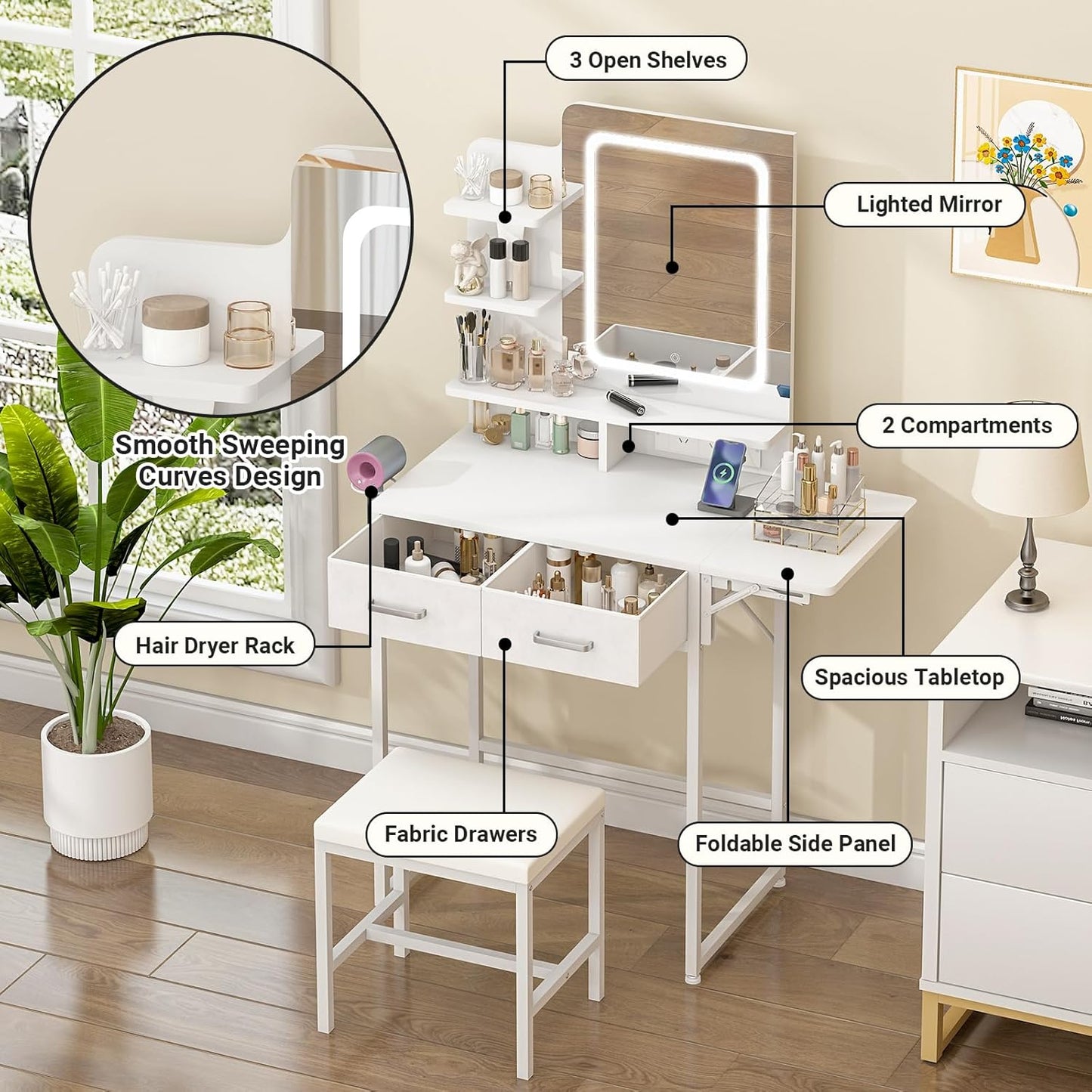 ADVWIN Dressing Dressing Tables Table with LED Lighted Mirror and Charging DEMO