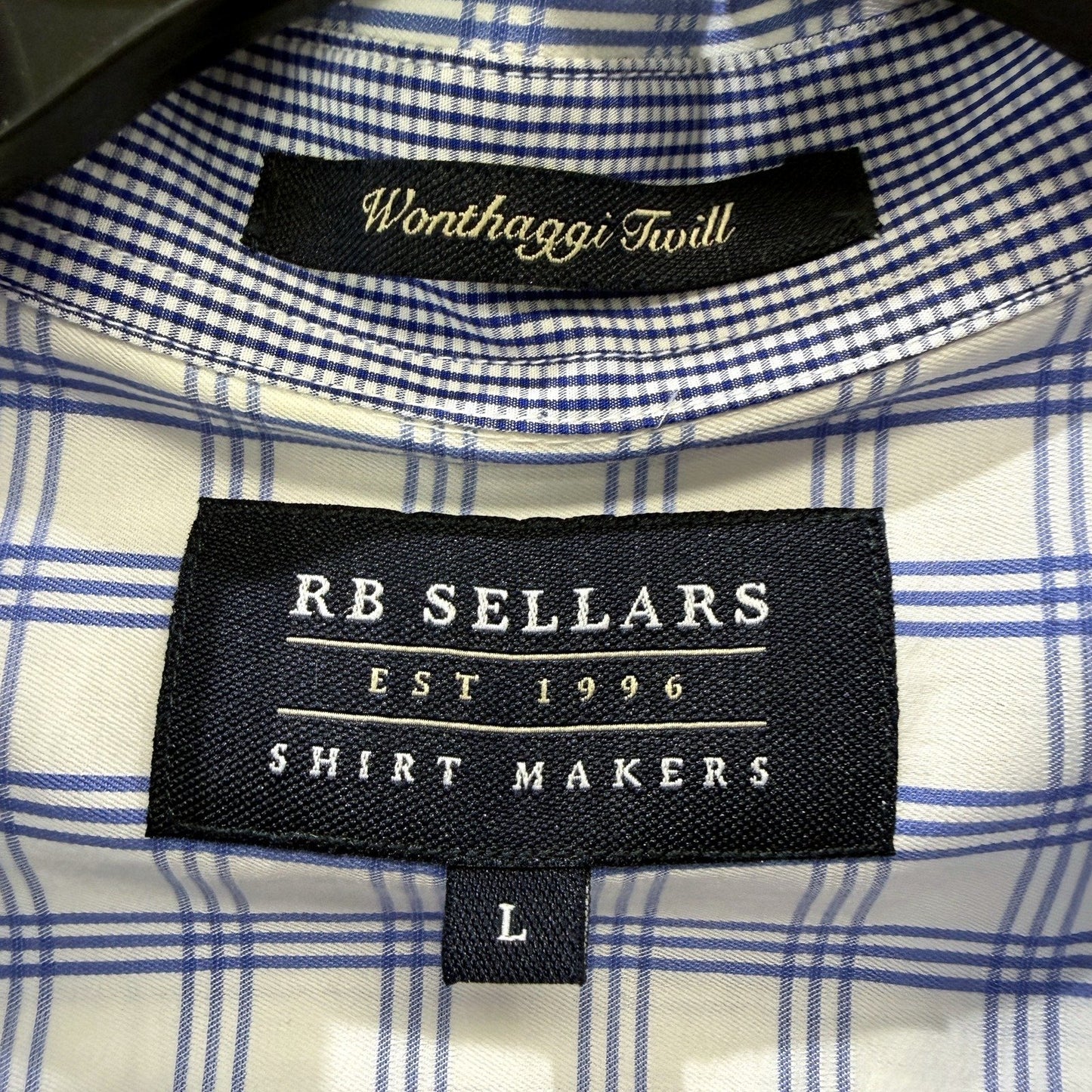 RB Sellars Mens Button-Down Plaid Shirt White and Blue Cotton Long Sleeve Size L