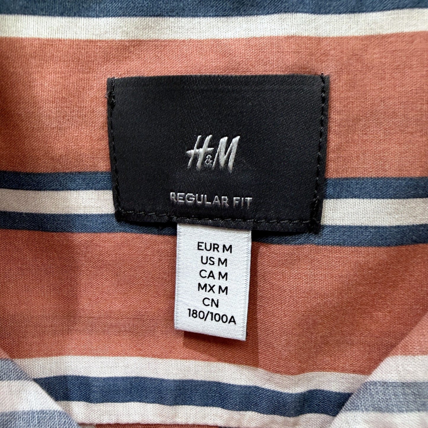 H&M Mens Button-Down Shirt Striped Peach and Navy Blue Cotton Regular Fit Size M