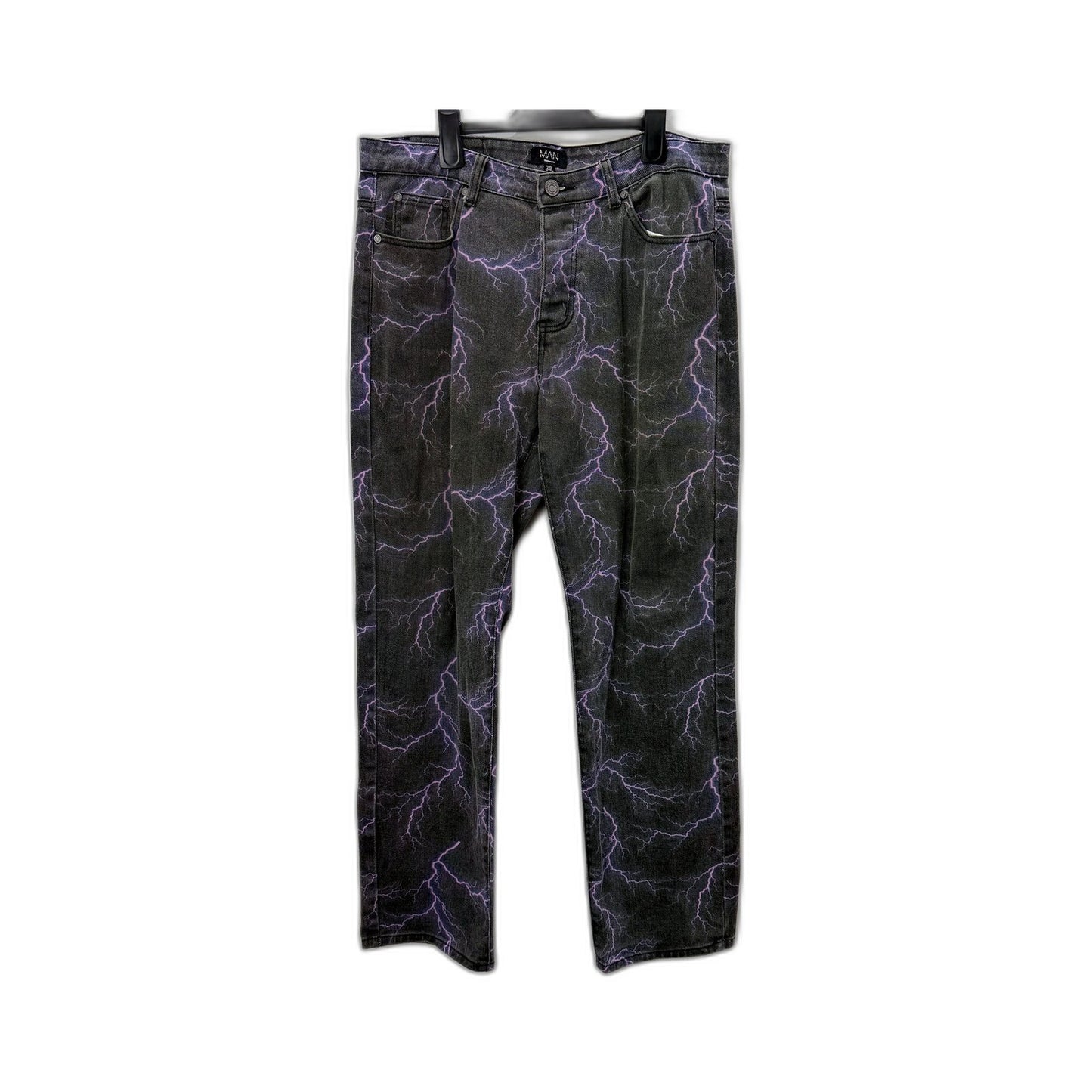 Black Lightning Print Jeans Mens with Purple Accent, Size 34L