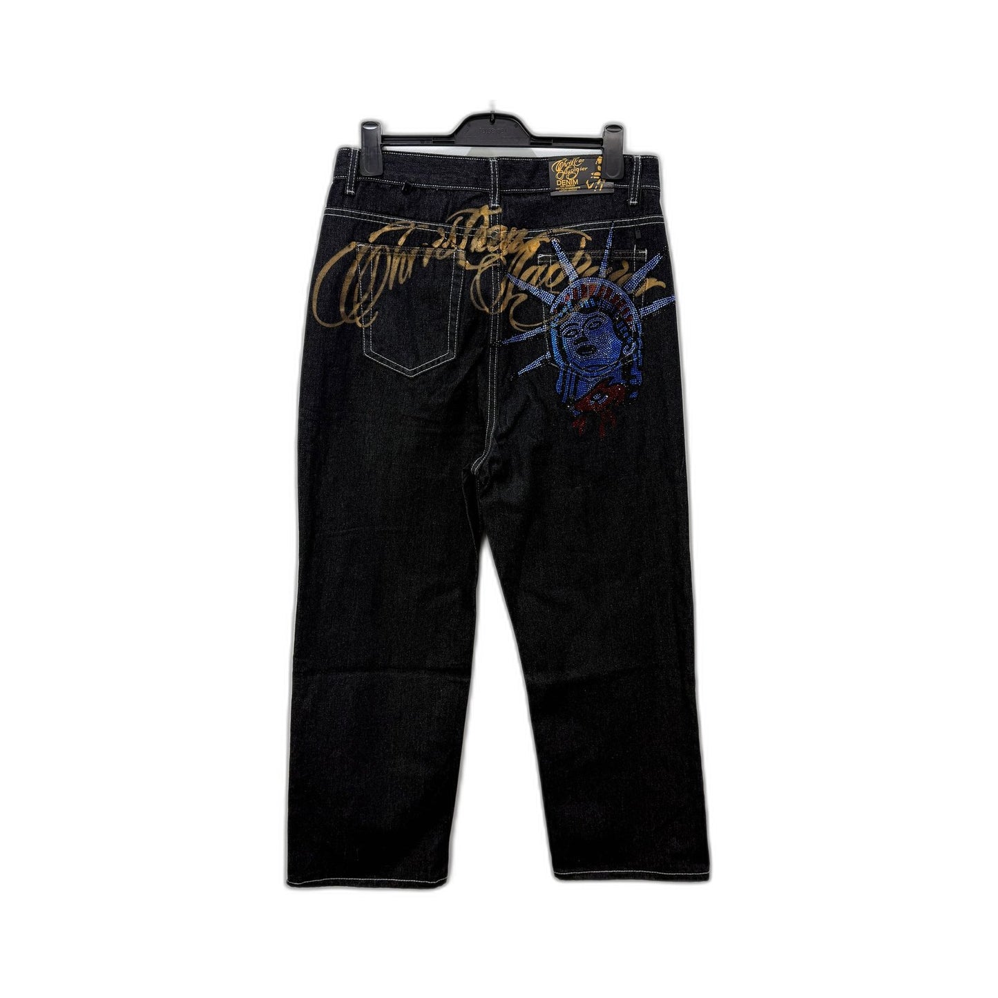Christian Audigier Mens Black Denim Jeans Graphic Embellished Size 32L NEW