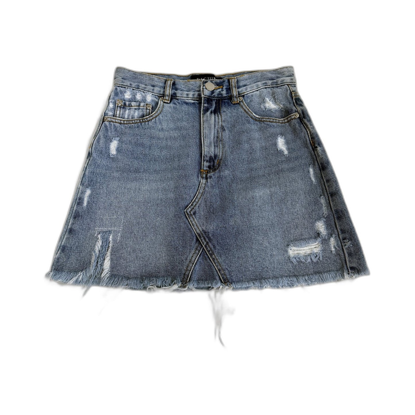 Decjub Womens Distressed Denim Skirt with Frayed Hem in Blue, Size 8