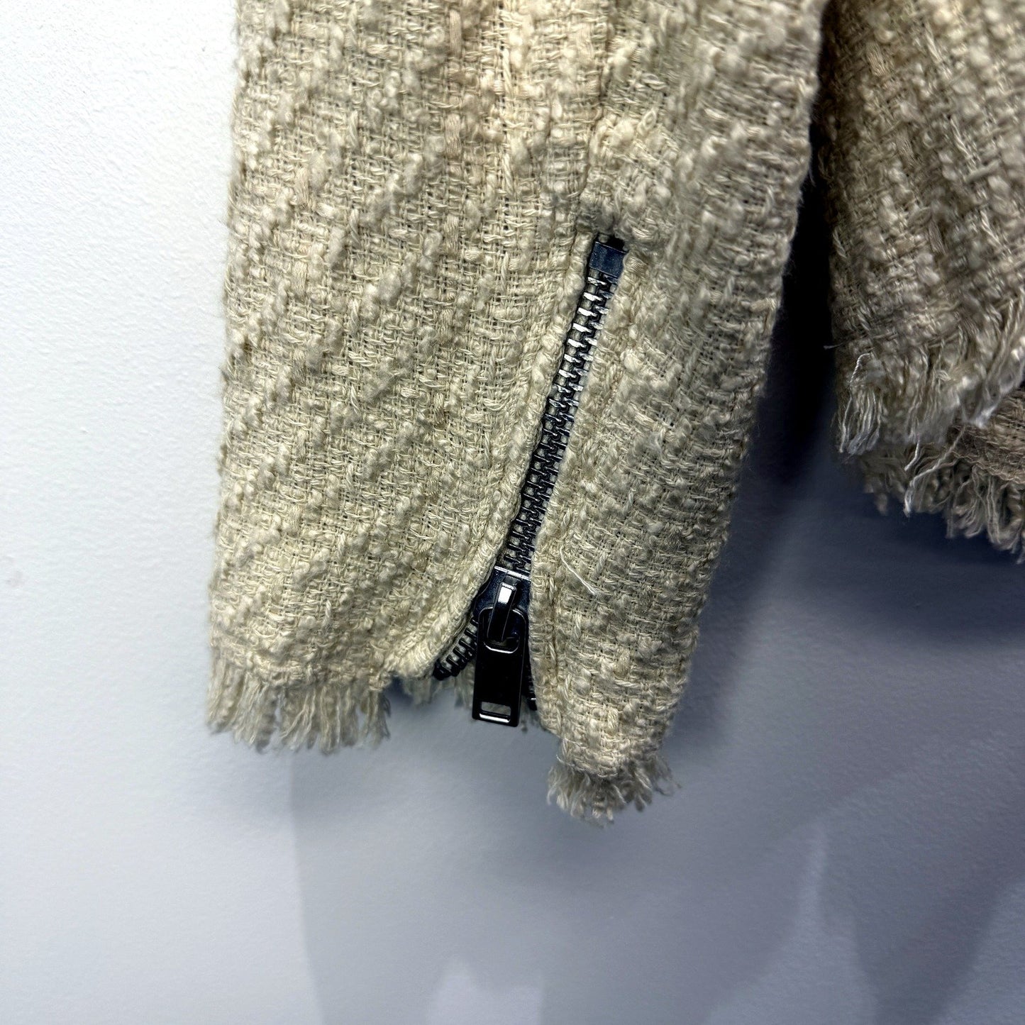 H&M Womens Textured Tweed Jacket with Frayed Beige Finish, Size 10