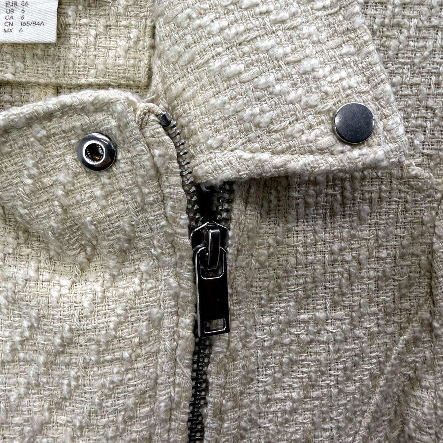 H&M Womens Textured Tweed Jacket with Frayed Beige Finish, Size 10