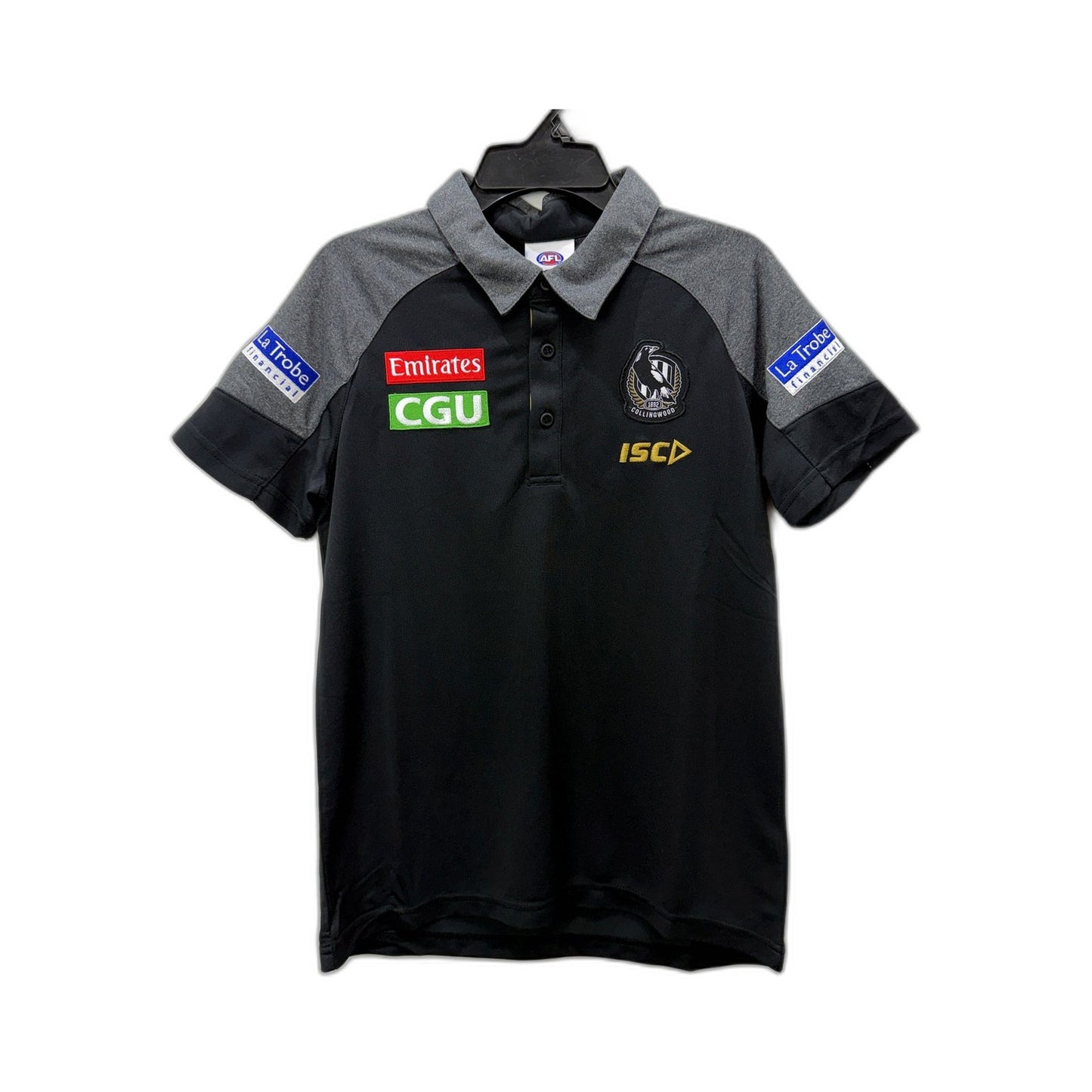 Collingwood Kids Womens Media Polo Shirt in Black/Dark Marle, Size 14 NEW