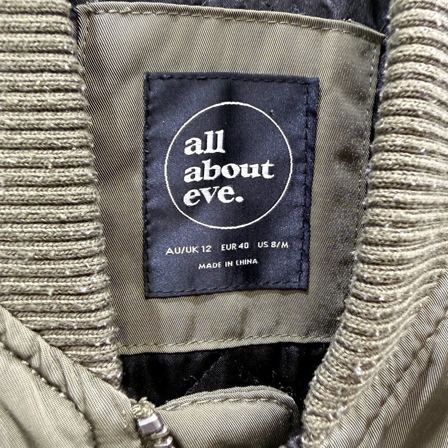 All About Eve Olive Green Bomber Jacket Stylish Casual Lightweight Size 12