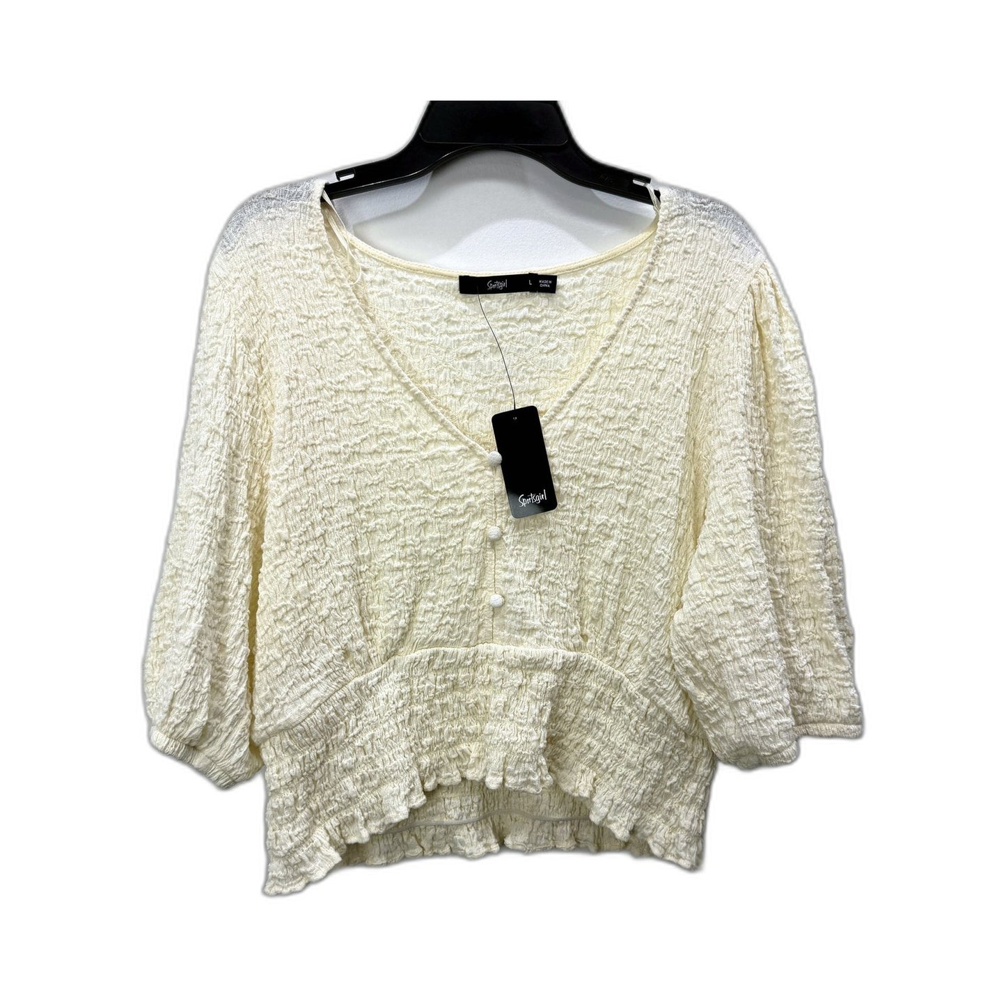 Sportsgirl Womens Puff Sleeve Ruffle Hem Pullover Blouse in Cream, Size L NEW