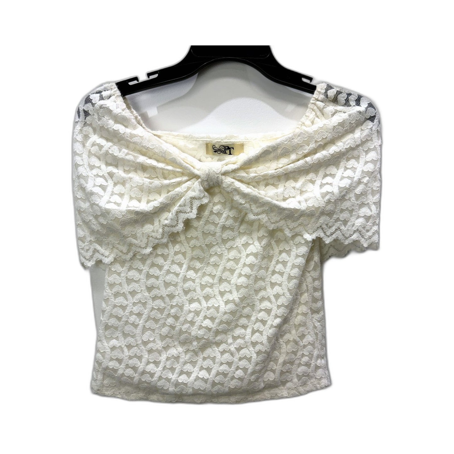 PT Womens Lace Vintage Blouse with Scalloped Neckline and Short Sleeves Ivory