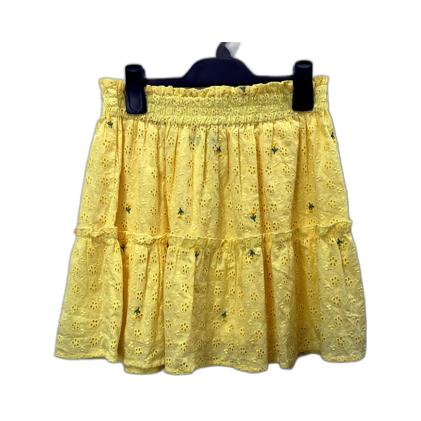 Boohoo Womens Yellow Eyelet Skirt Tiered Ruffled Elastic Waist Size 12 NEW