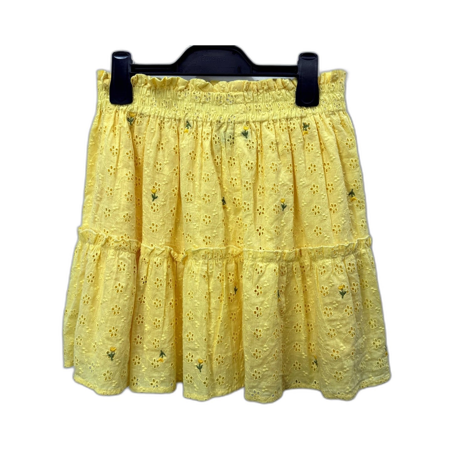 Boohoo Womens Yellow Eyelet Skirt Tiered Ruffled Elastic Waist Size 12 NEW