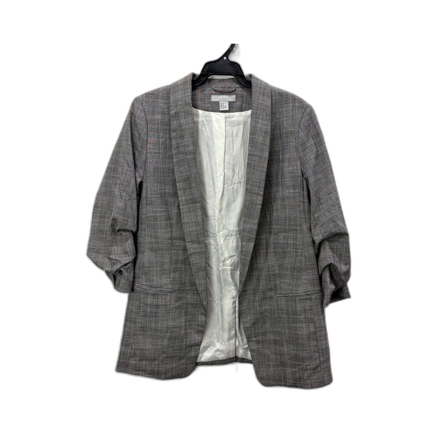 H&M Womens Gray Plaid Puff Sleeve Blazer for Work, Office, Formal Occasions