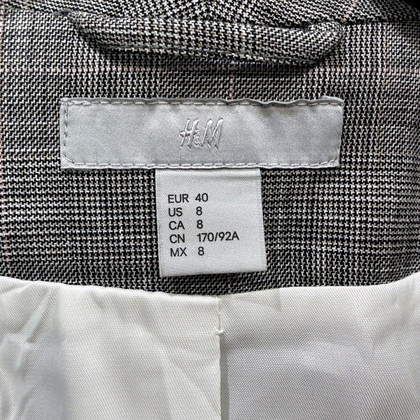 H&M Womens Gray Plaid Puff Sleeve Blazer for Work, Office, Formal Occasions
