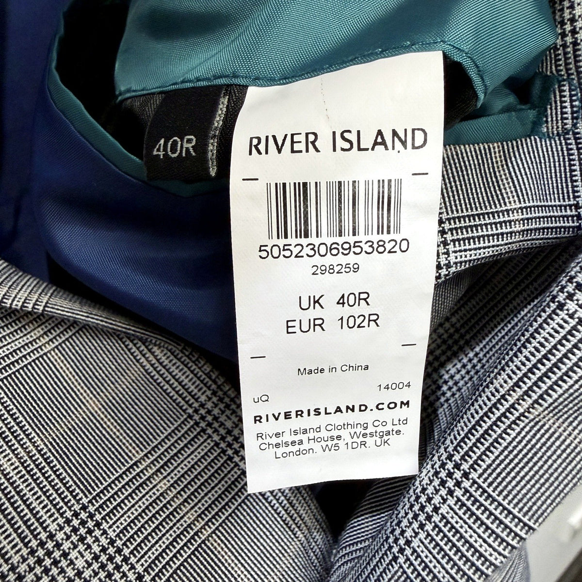 River Island Mens Gray Plaid Suit Jacket, Size 40R