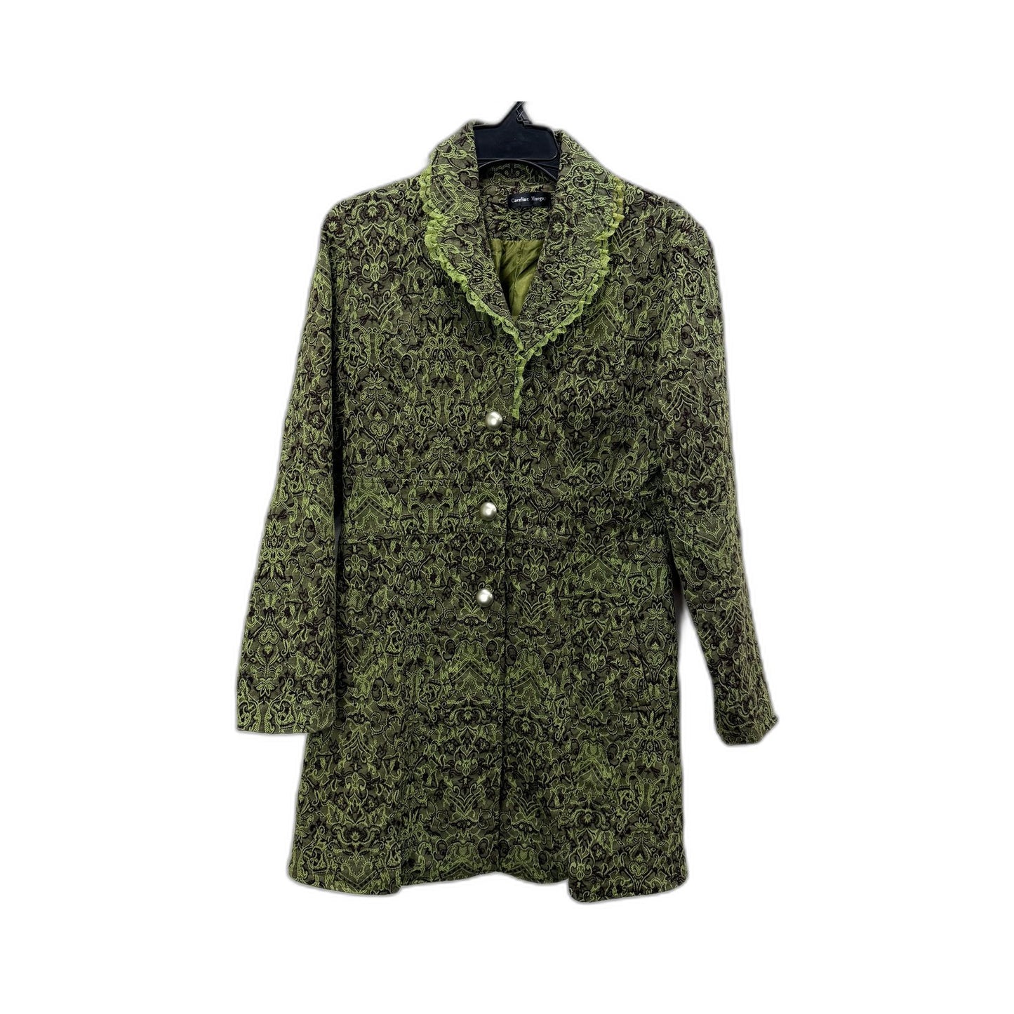 Caroline Morgan Womens Vintage Lace Trim Coat in Green & Black, Size Large