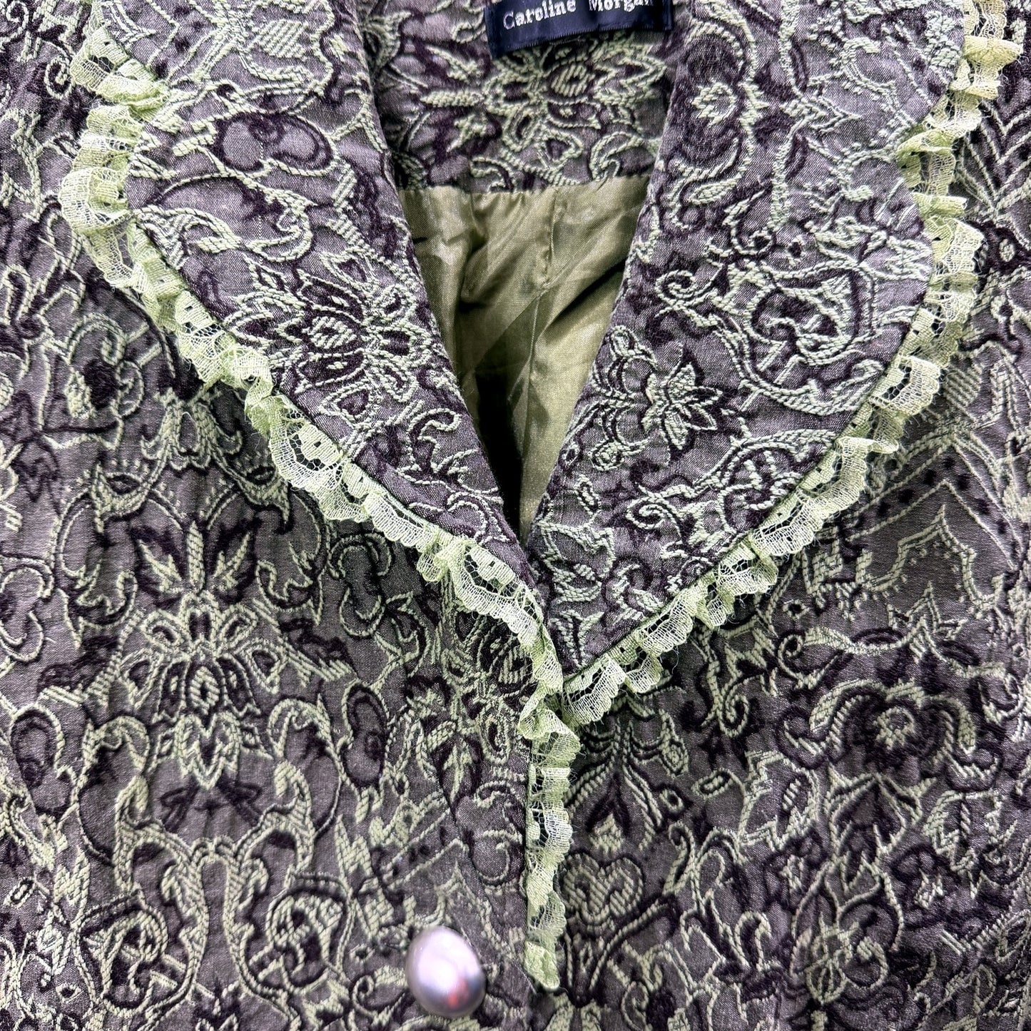 Caroline Morgan Womens Vintage Lace Trim Coat in Green & Black, Size Large