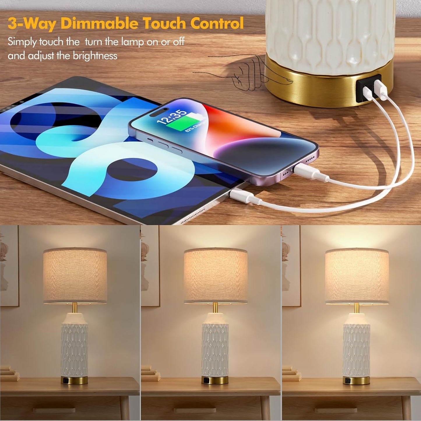 Lhossolite Ceramic White Touch Control 3-Way Dimmable Table Lamp for Home NEW