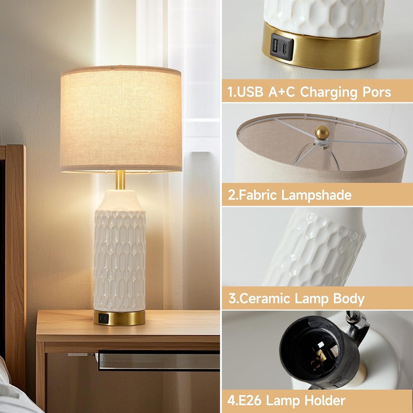 Lhossolite Ceramic White Touch Control 3-Way Dimmable Table Lamp for Home NEW