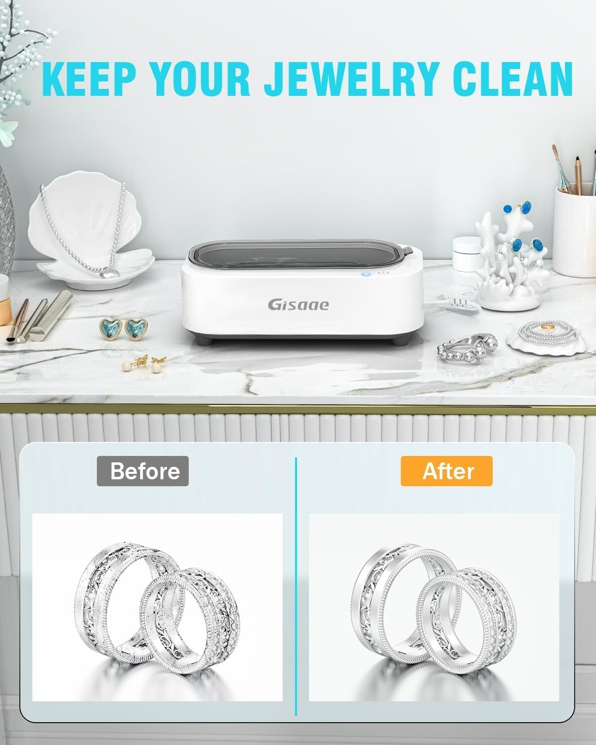 Gisaae Unisex Portable Ultrasonic Jewelry Cleaner with 350ML Tank and 2 NEW