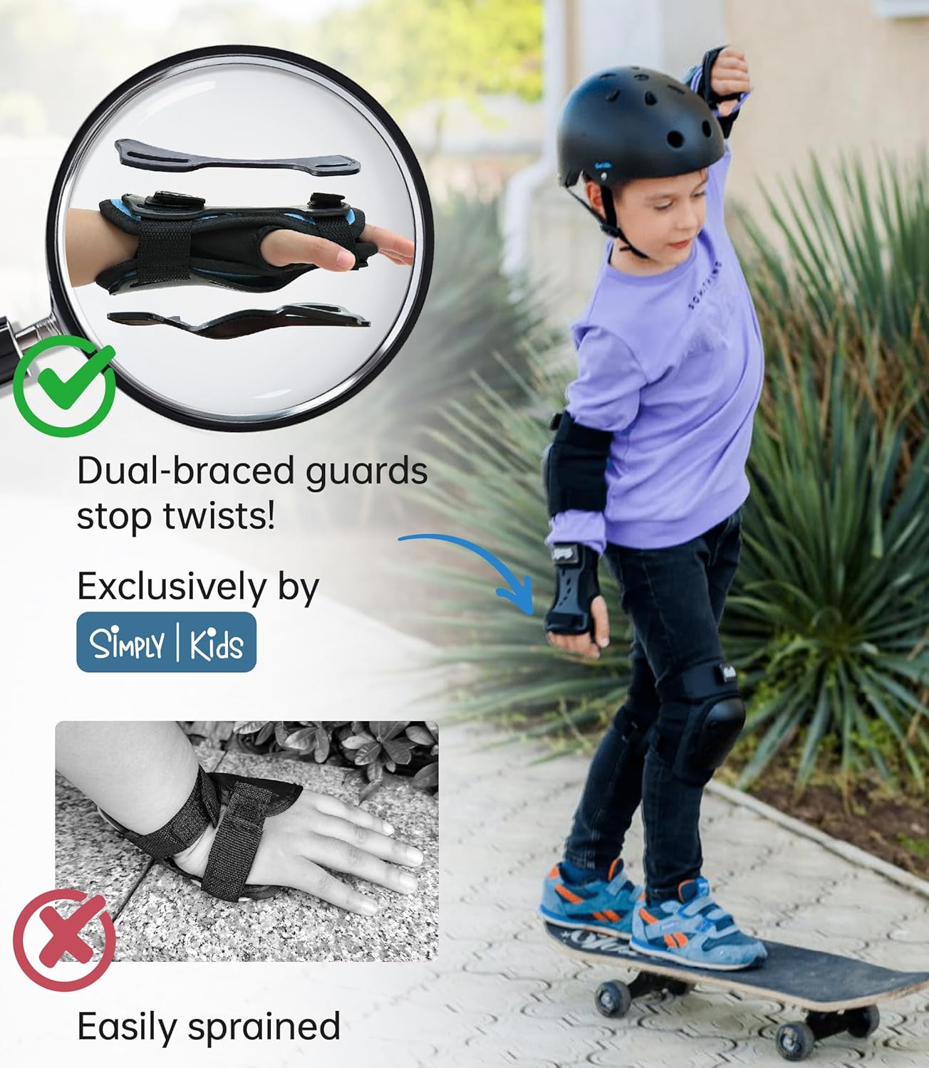 Simply Kids Elbow Pads with Wrist Guards Protective Gear Sports Safety Black NEW