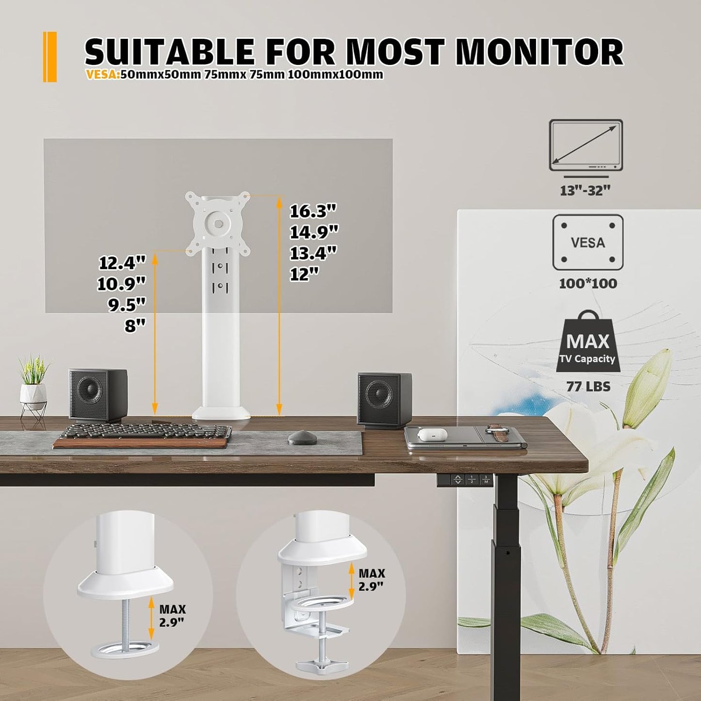 Hemudu Monitor Arm Mount Stand for 13-32 Inch Flat Curved Computer Displays NEW