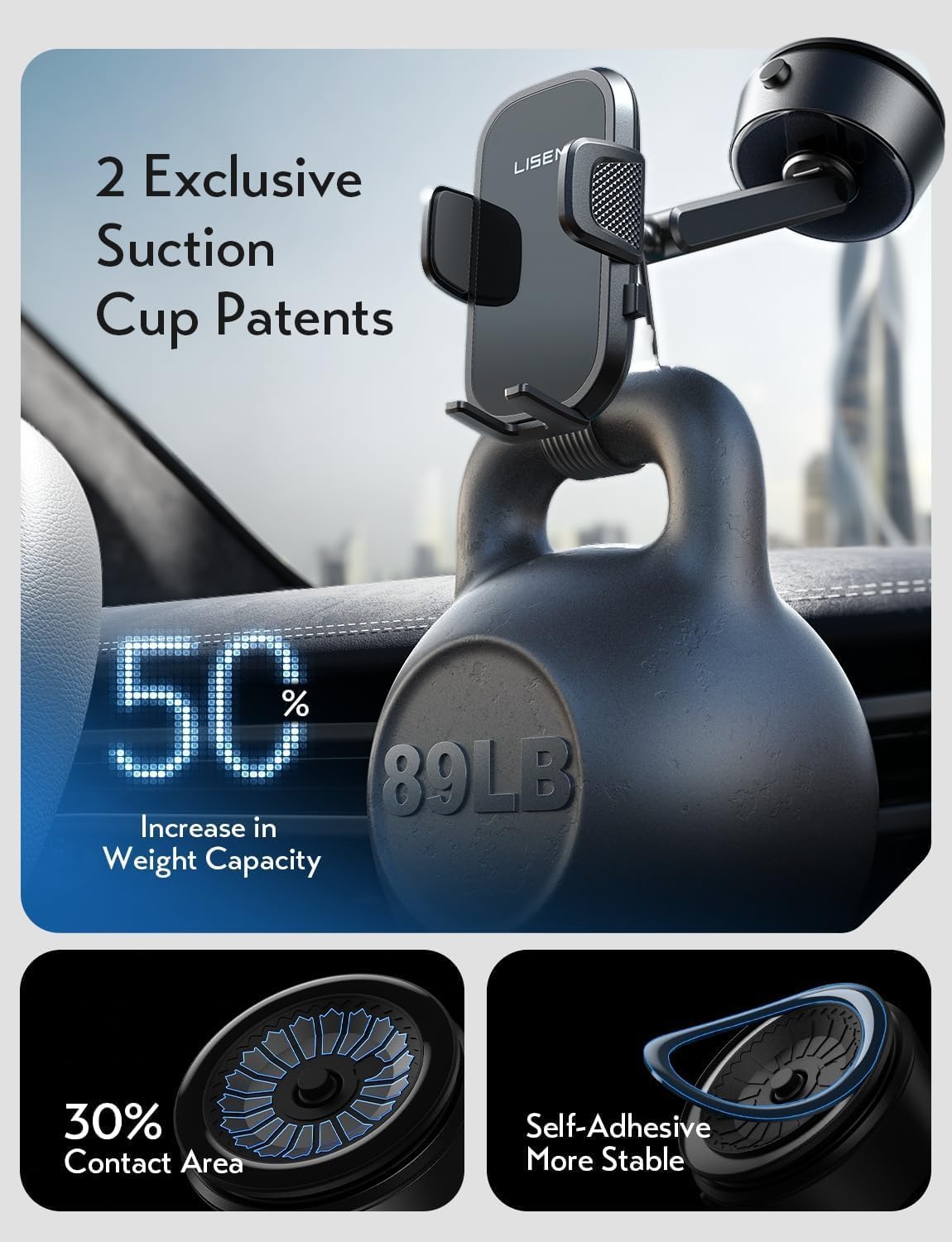 LISEN 360° Adjustable Vacuum Car Phone Holder for iPhone Dash-Mounted DEMO