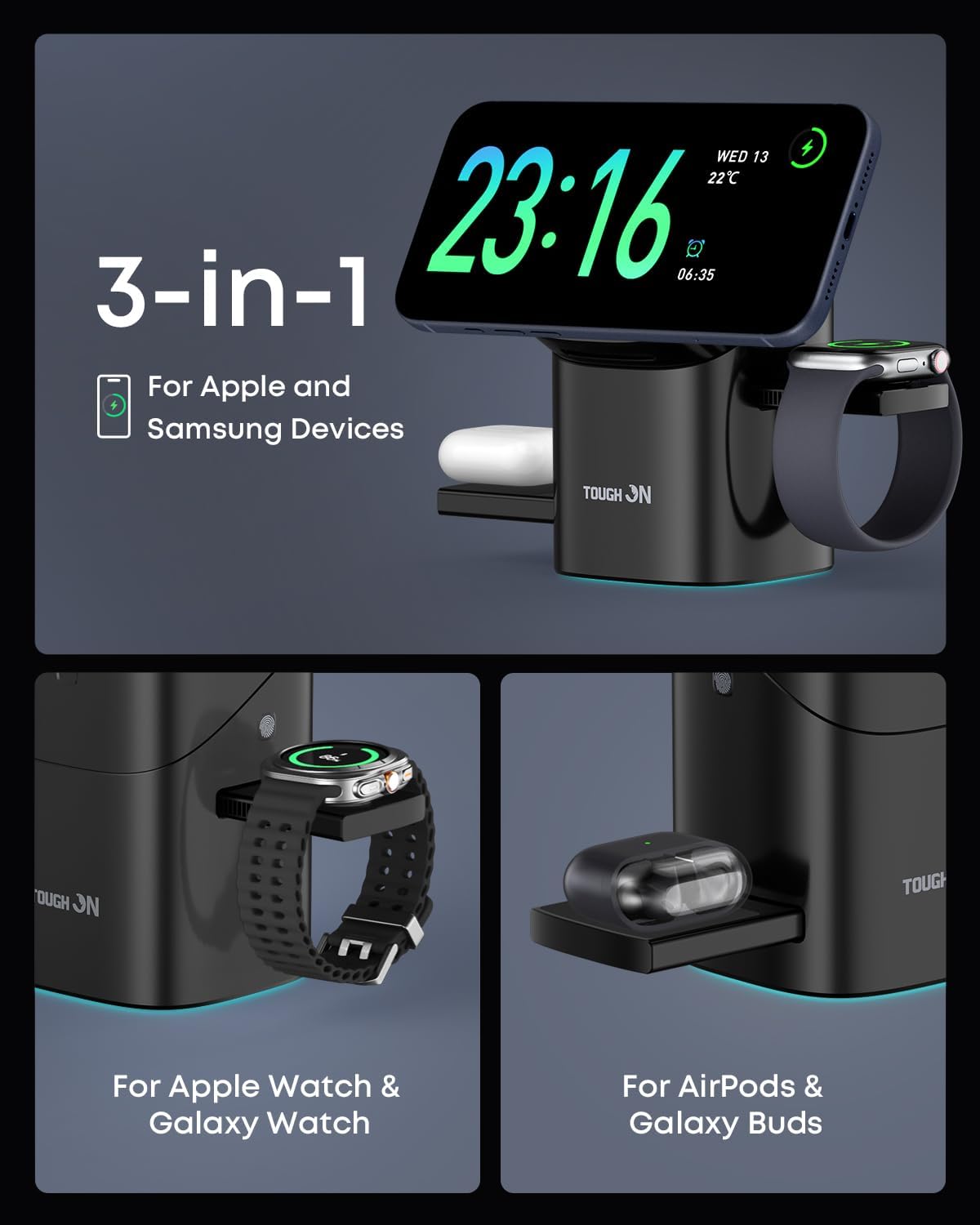 TOUGH ON 3-in-1 Qi2.2 Wireless Charger with MagSafe Fast Charging Black DEMO