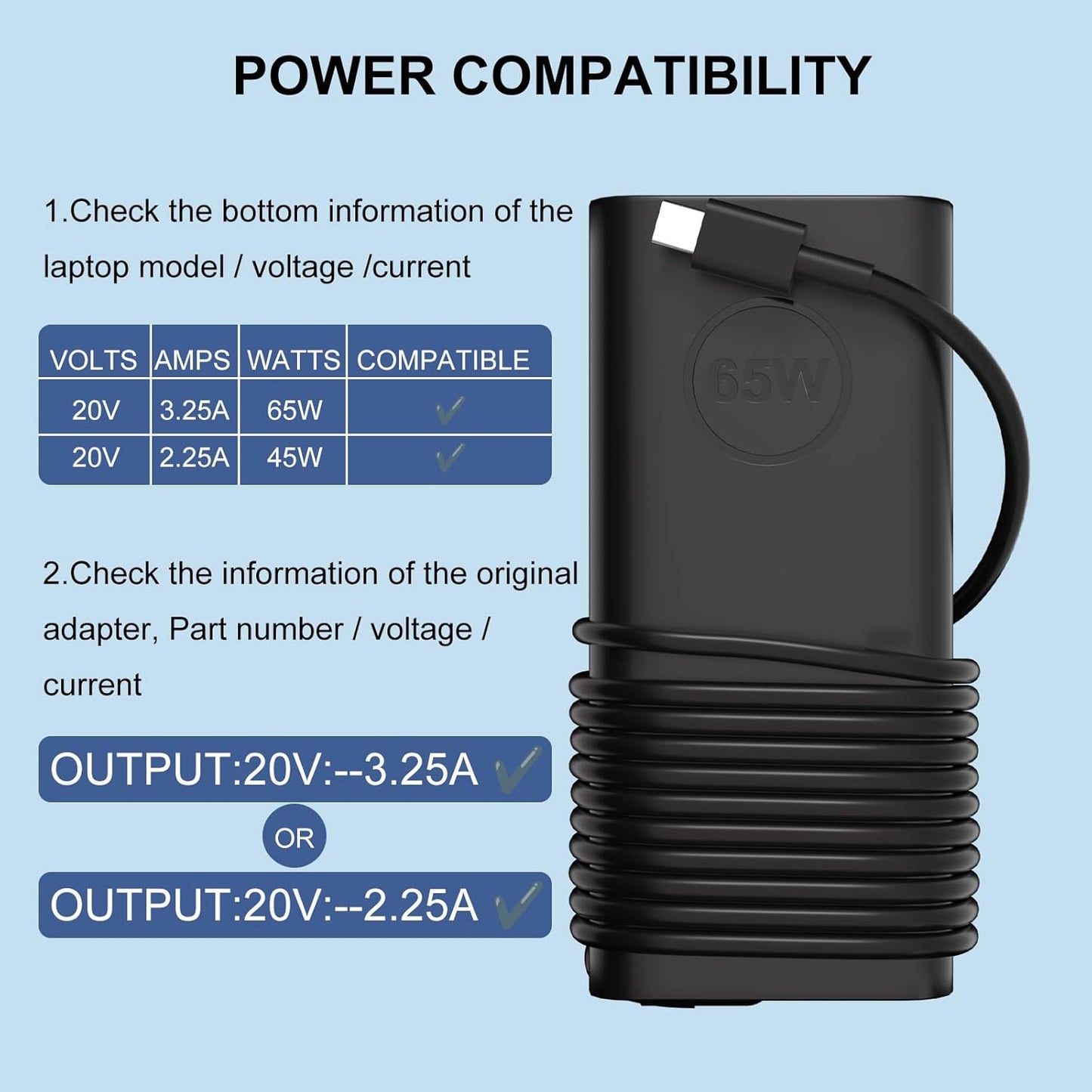 Cabhuti 65W USB-C Charger for Dell Latitude Laptops, Black, Fast Charging DEMO