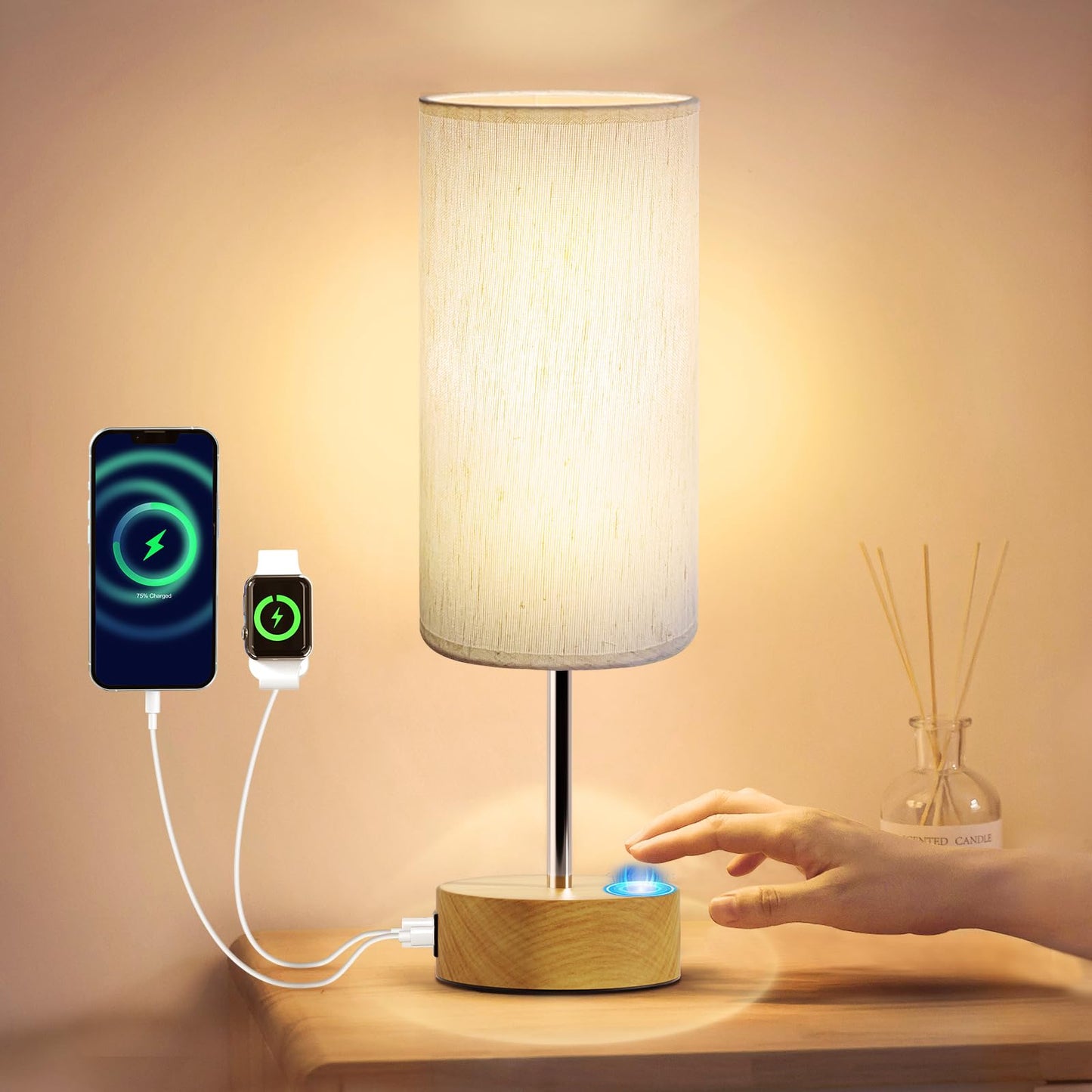 KPQ Touch Control Table Lamp 3-Way Dimmable USB A+C Charging Ports Beige NEW