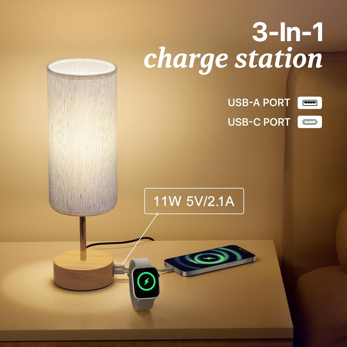 KPQ Touch Control Table Lamp 3-Way Dimmable USB A+C Charging Ports Beige NEW