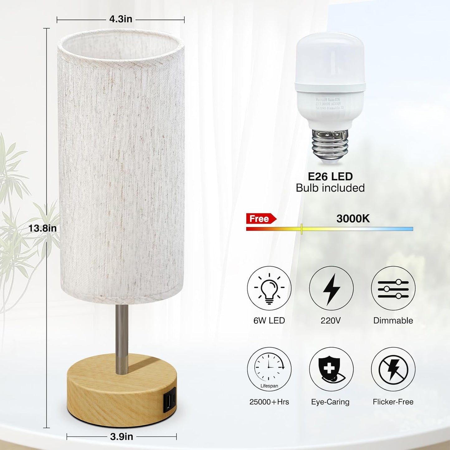 KPQ Touch Control Table Lamp 3-Way Dimmable USB A+C Charging Ports Beige NEW
